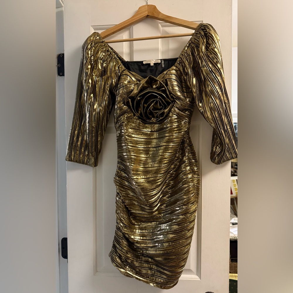 LoveShackFancy- Thompson Metallic Gold Mini Dress With Rose Size 4 3/4 Sleeves